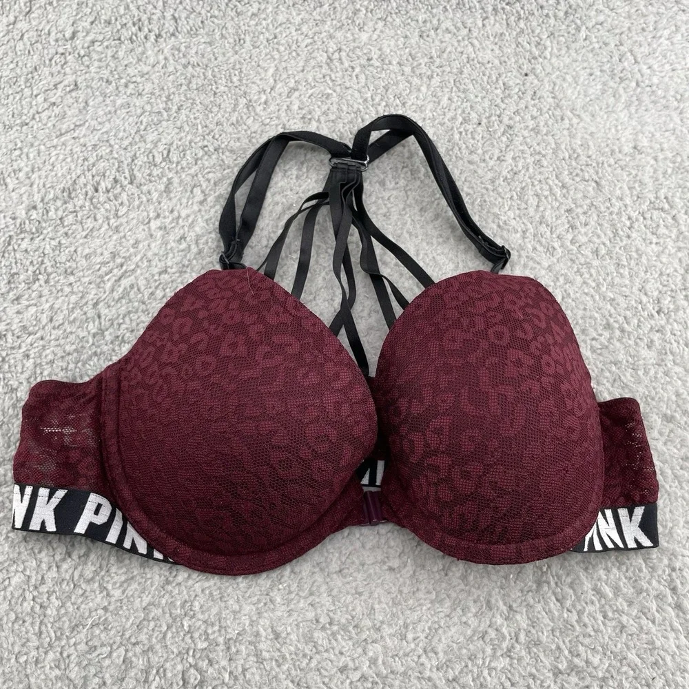 Victoria's Secret Sport Push Up Bra‎ Womens 34B Burgundy Floral Lace Underwire
